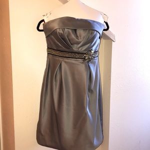 Silver satin strapless Cocktail dress size 10